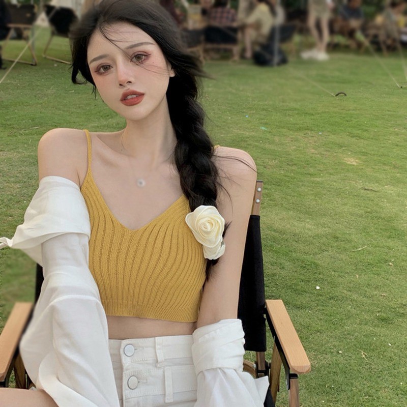 Áo kiểu hai dây mặc ngoài với đệm lót bên trong dáng ngắn dệt kim thời trang mùa hè cho nữ
