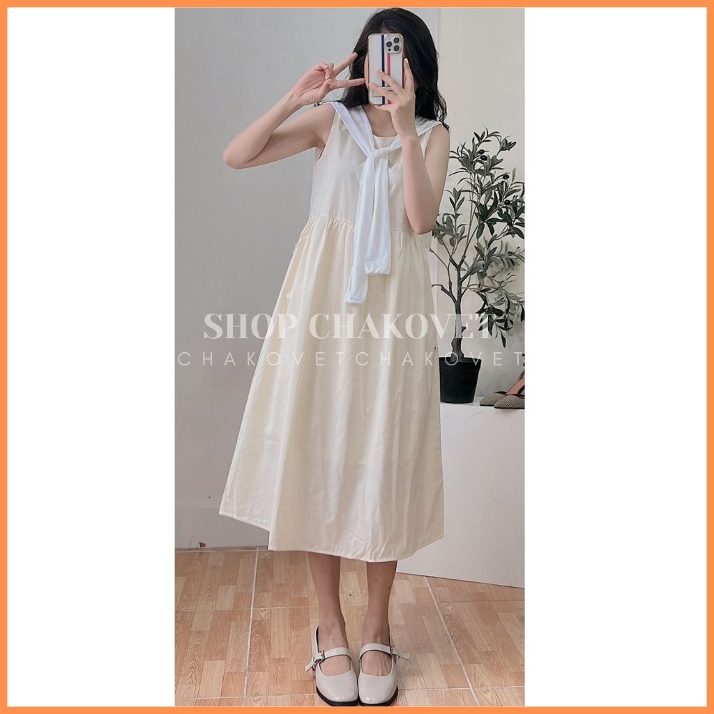 Váy nữ đi biển dáng dài kèm khăn V8232 đầm nữ maxi dáng suông ulzzang form rộng màu be trắng freesize babydoll -CHAKOVET | BigBuy360 - bigbuy360.vn