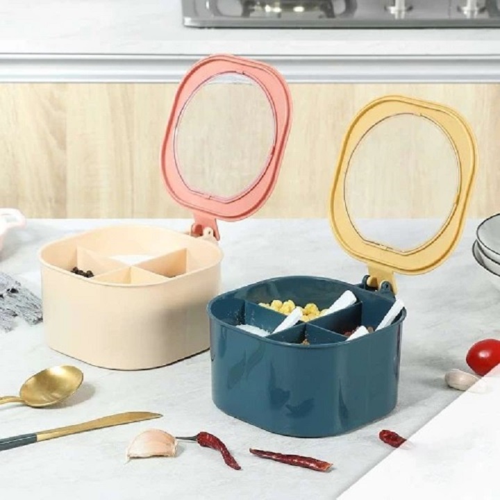 Hộp gia vị 4 ngăn có nắp đậy cao cấp kèm thìa tiện dụng