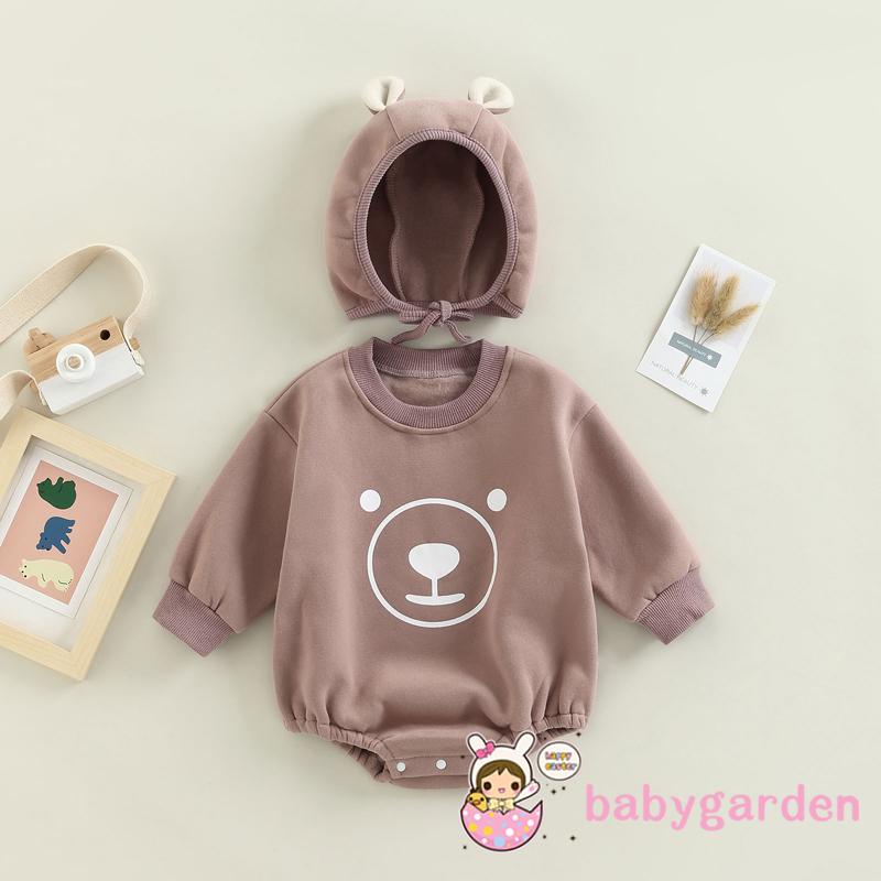 Bộ Áo Liền Quần Tay Dài Cổ Tròn In Hình Gấu Hoạt Hình + Mũ Dành Cho Bé Trai 0-18 Tháng Tuổi