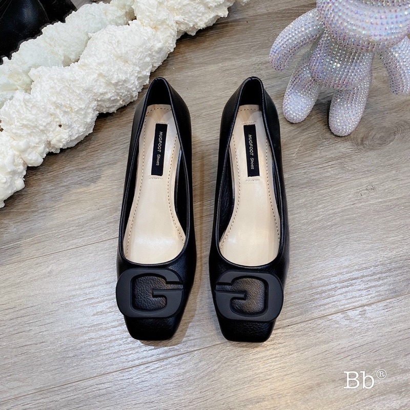 Giầy gót trụ 5 cm khoá chữ G da lỳ + da lộn