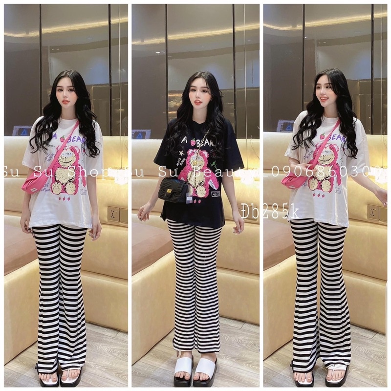 Set áo cotton gấu quần sọc ống loe - HN Closet