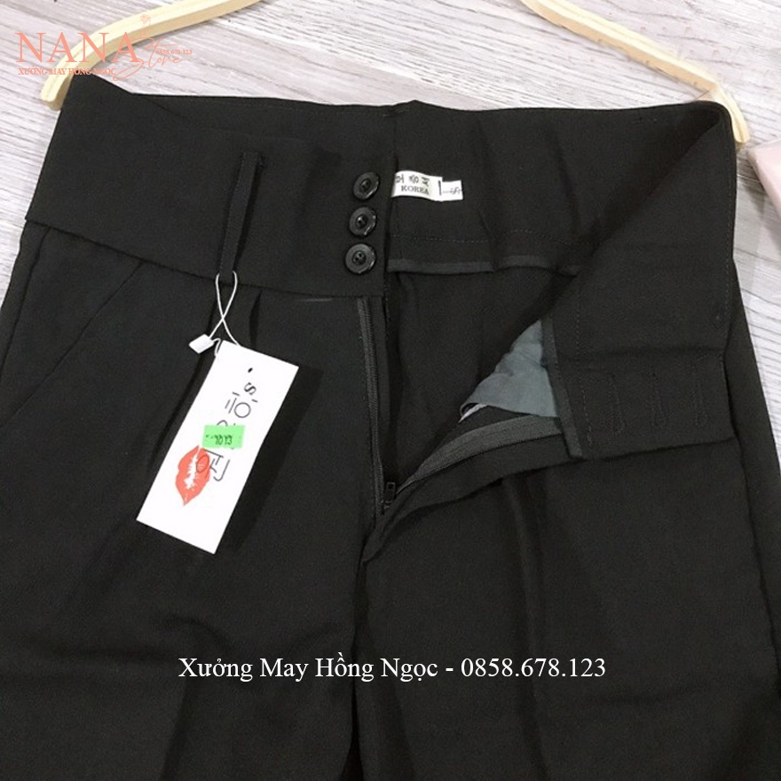 Quần baggy cạp cao bản to liền phối 3 khuy cúc cài dáng dài ống suông rộng - Màu Đen Kem - Vải tuyết mưa đi học công sở