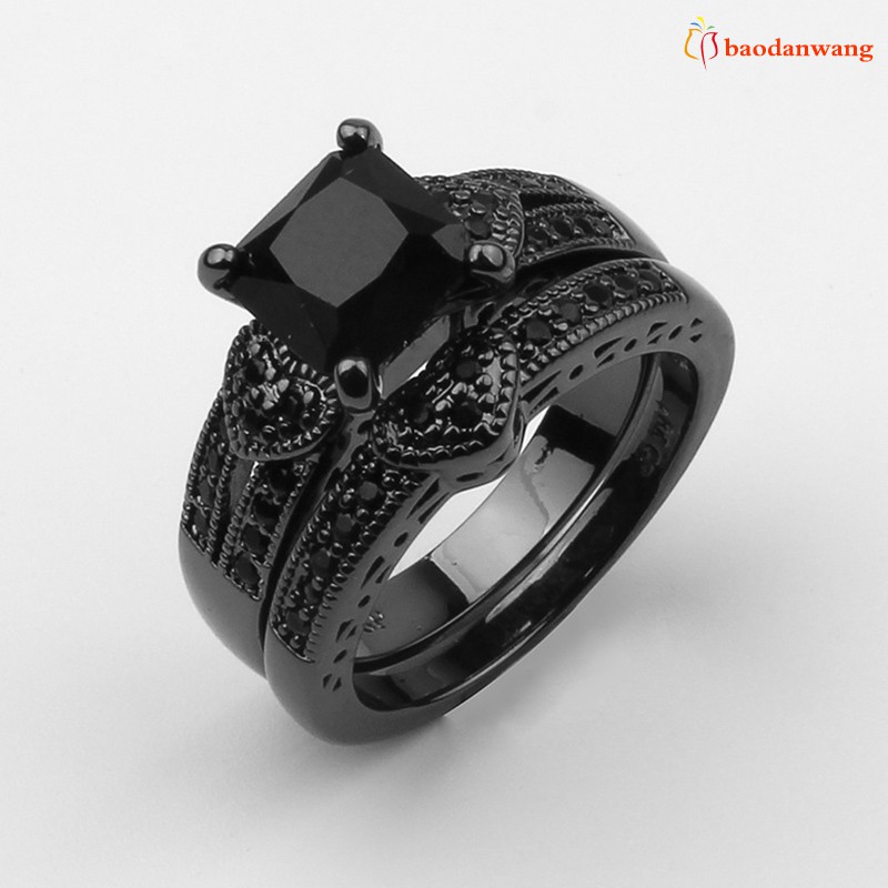 Bộ 2 nhẫn zircon màu đen unisex phụ kiện trang sức dùng làm quà tặng