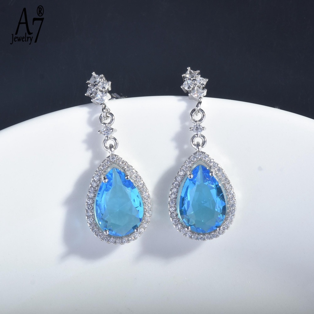 Bộ vòng cổ + bông tai mạ bạc 925 đính đá hình giọt nước màu hồng/xanh dương sang trọng