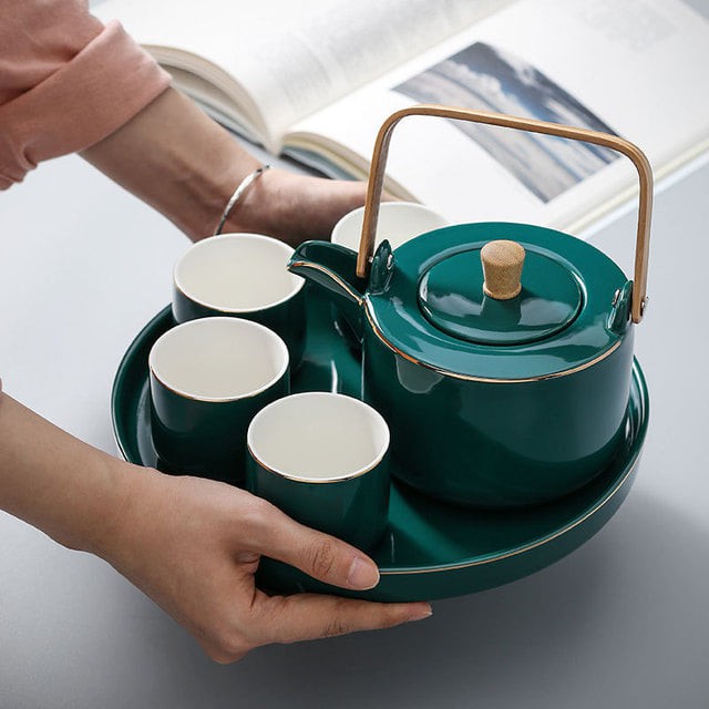 Bộ ấm chén trà sứ  ngọc lục bảo cao cấp - phong cách Nhật Bản