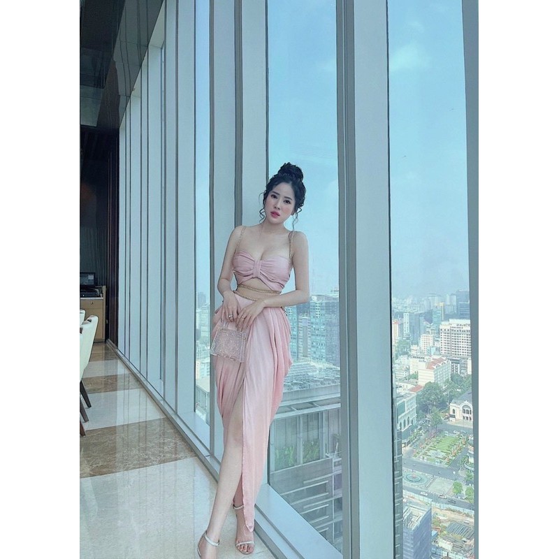 set áo crop 2d+ chân váy nhún phối lưới hông