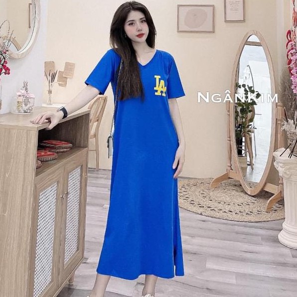 váy suông dáng dài cộc tay đan lưng in chữ LA xinh xắn