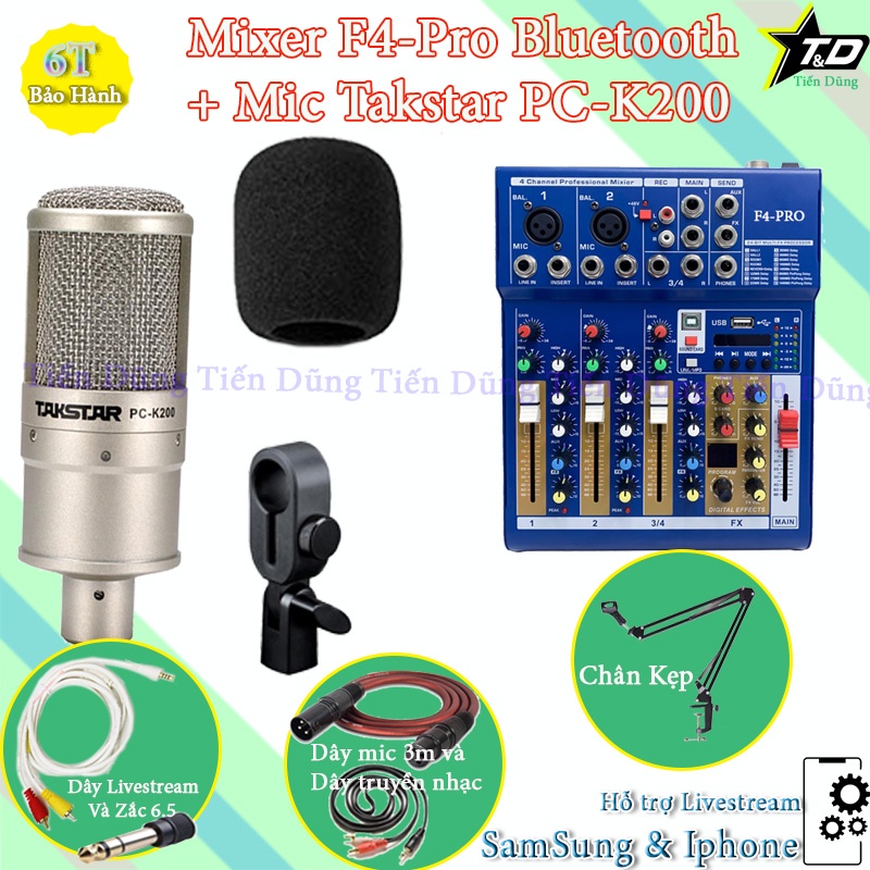 Bộ Mic Hát Livestream Mixer F4 PRO và Mic TAKSTAR PC K200 Chân Đế Dây Livestream Chế Dây Truyền Nhạc Dây mic 3m zắc 6.5.