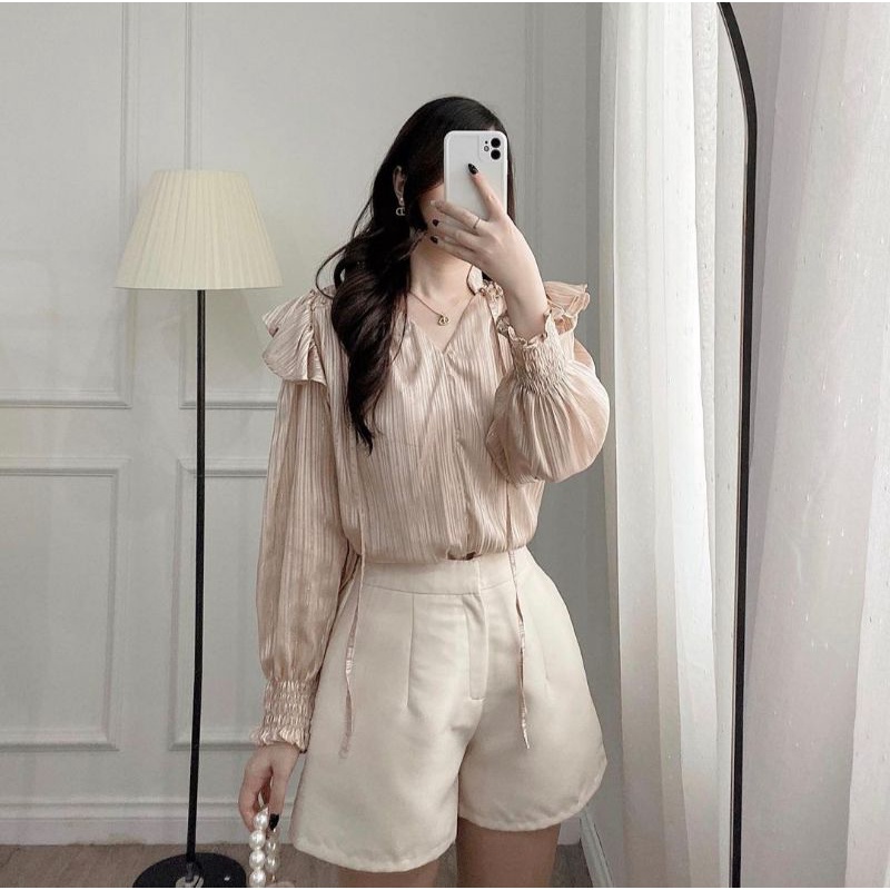 Áo tơ sọc nhũ cổ tay chun | BigBuy360 - bigbuy360.vn