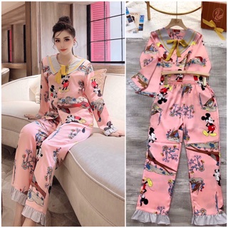Bộ pijama dài tay cổ nơ lụa satin