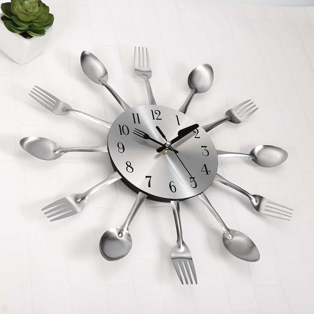 Silver Cutlery Fork Spoon Retro Wall Clock Modern Deco For Kitchen Home Office