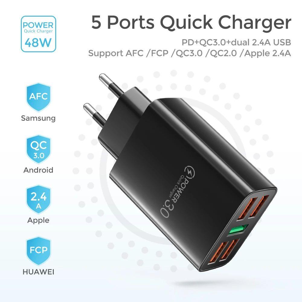 Bộ Sạc Nhanh 5 Cổng USB Thiết Kế Nhỏ Gọn Tiện Dụng Cho Điện Thoại Di Động