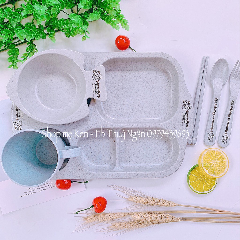 Bộ khay chữ nhật kèm bát cốc nhựa lúa mạch 6 chi tiết cho bé ăn dặm