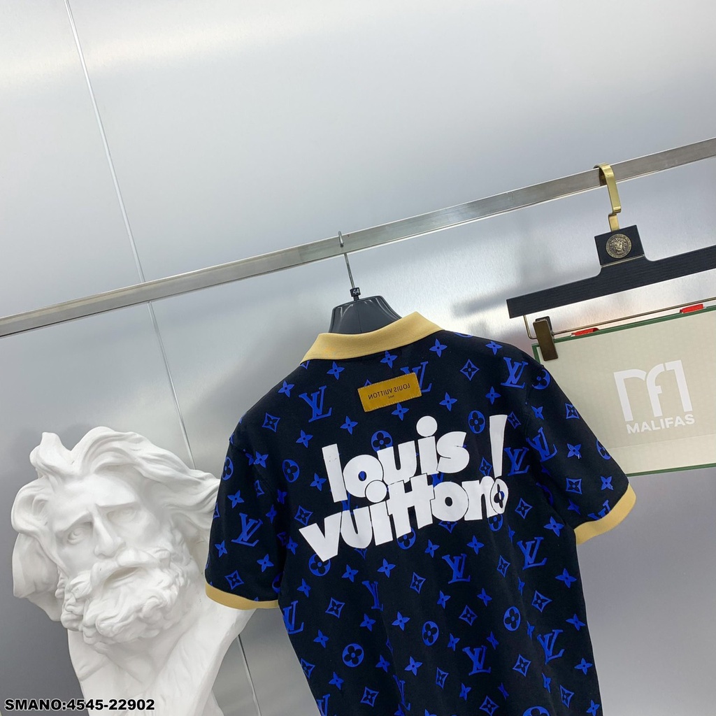 Áo Polo Nam Lv Họa Tiết Dập Vân In Chữ Sau Lưng - Áo Phông Cổ Bẻ Nam Lv Chất Cotton Co Dãn Thoáng MÁt DT STORE MENWEAR