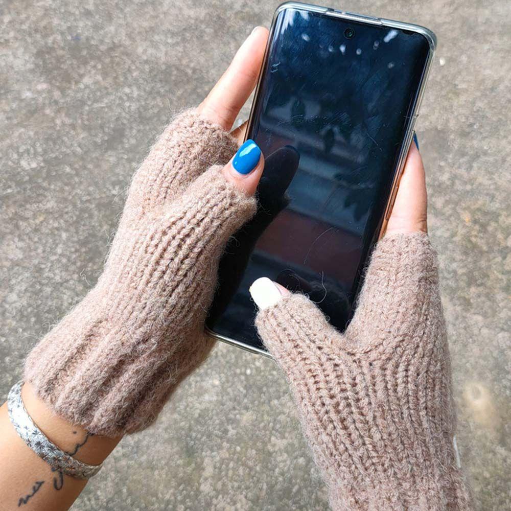 Găng Tay Len Hở Ngón Giữ Ấm Màu Trơn Cho Nữ
