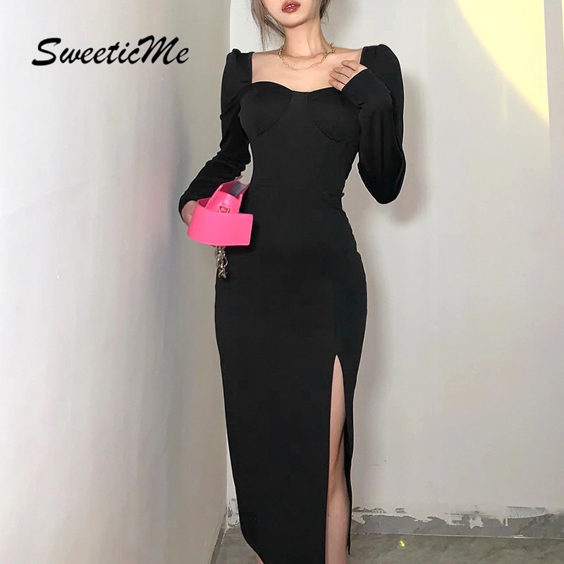 Đầm cổ vuông dáng ôm thiết kế xẻ tà thời trang quyến rũ cho nữ