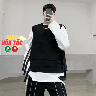 Áo Gile KAKI unisex túi hộp to phối dây