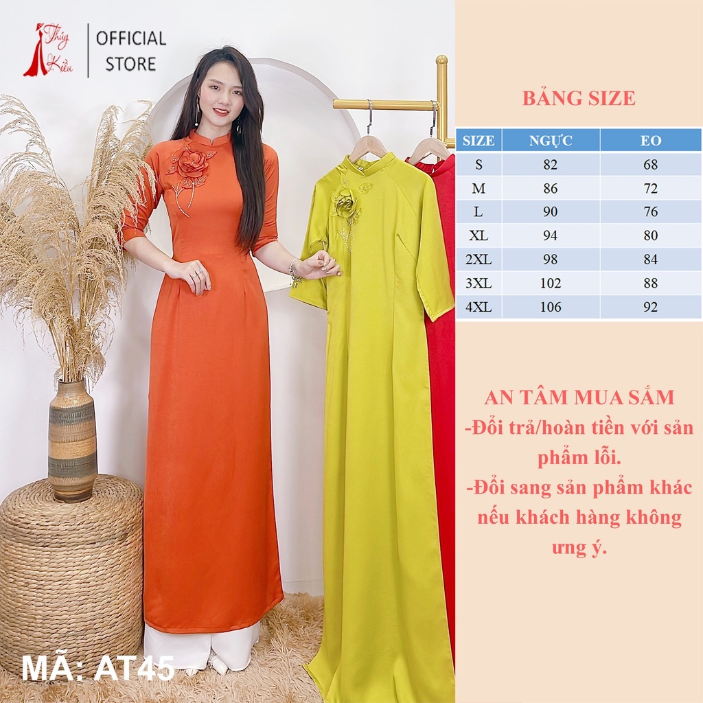 Áo dài lụa Tây Thy nền cam đính nhành hoa AT45 mềm mại, co giãn, áo dài giá rẻ