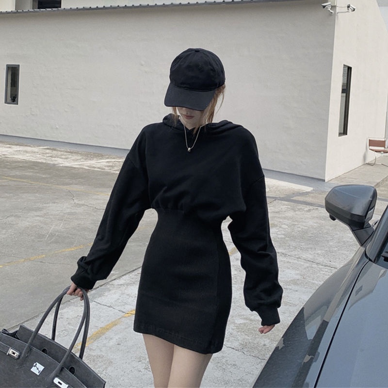 UIOWOO  Đầm hoodie tay dài thời trang dành cho nữ