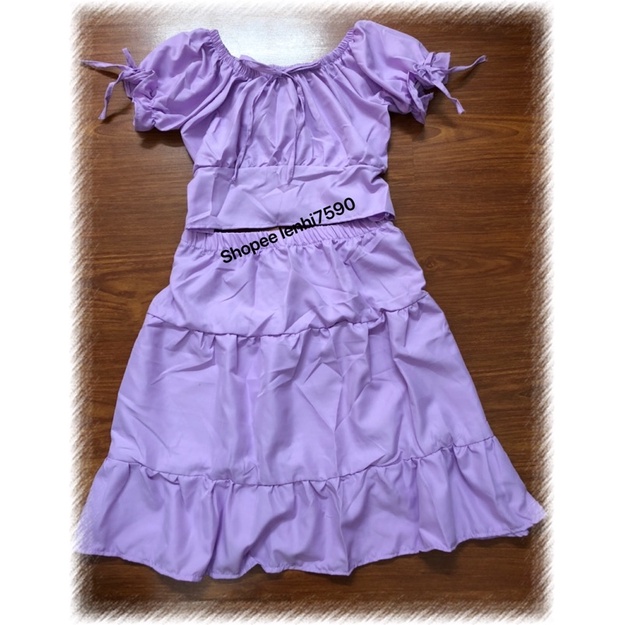 Set bộ áo crop tay phồng nhún bèo kèm chân váy tím mộng mơ lãng mạn giá rẻ