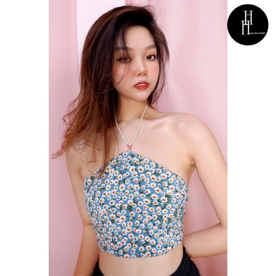 Áo yếm croptop hoa bi xanh dây chuỗi ngọc HAC139 Hỉn Hỉn Store