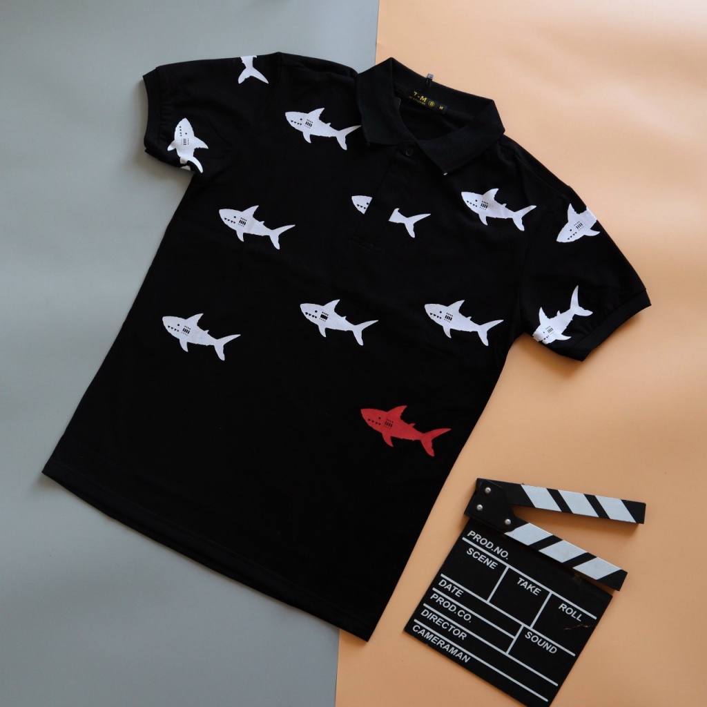 Áo Thun Nam Ngắn Tay Cổ Trụ Họa Tiết Cá Mập, Chất Cotton Mềm Mát Thấm Hút Mồ Hôi Tốt Thích Hợp Mọi Nơi [NEW UNISEX]