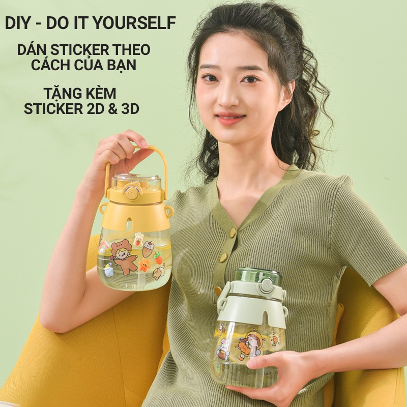 Bình nước cute dễ thương có ống hút 1300ml cho bé đi học tặng kèm sticker FITEZY HCM