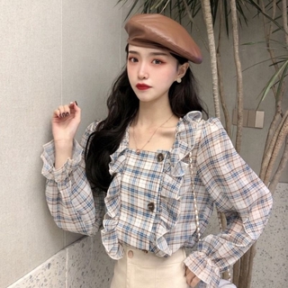Áo chiffon tay dài cổ vuông phối bèo nữ tính thời trang cổ điển