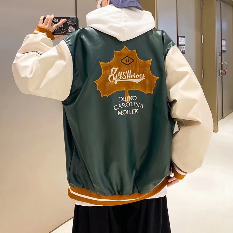 Áo Khoác Bóng Chày Da pu Tay Dài Dáng Rộng Thêu Chữ Phong Cách Hàn Quốc Thời Trang Cho Nam Và Nữ