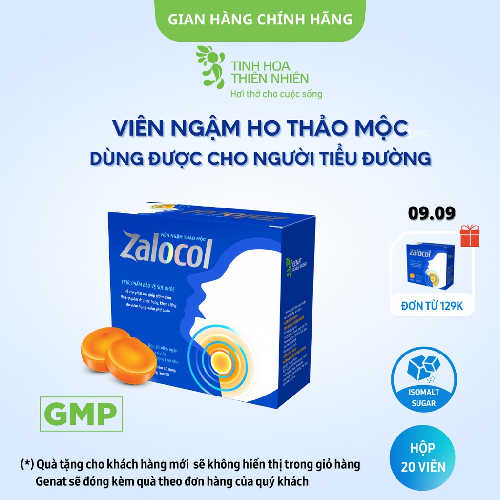 Viên ngậm thảo mộc Zalocol ( 20 viên) Hỗ trợ giảm ho, đau họng, khản tiếng do viêm họng - Genat - Tinh hoa thiên nhiên