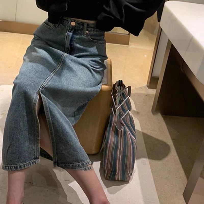 COZOK Chân váy jean Lưng Cao Xẻ Tà Phong Cách Vintage