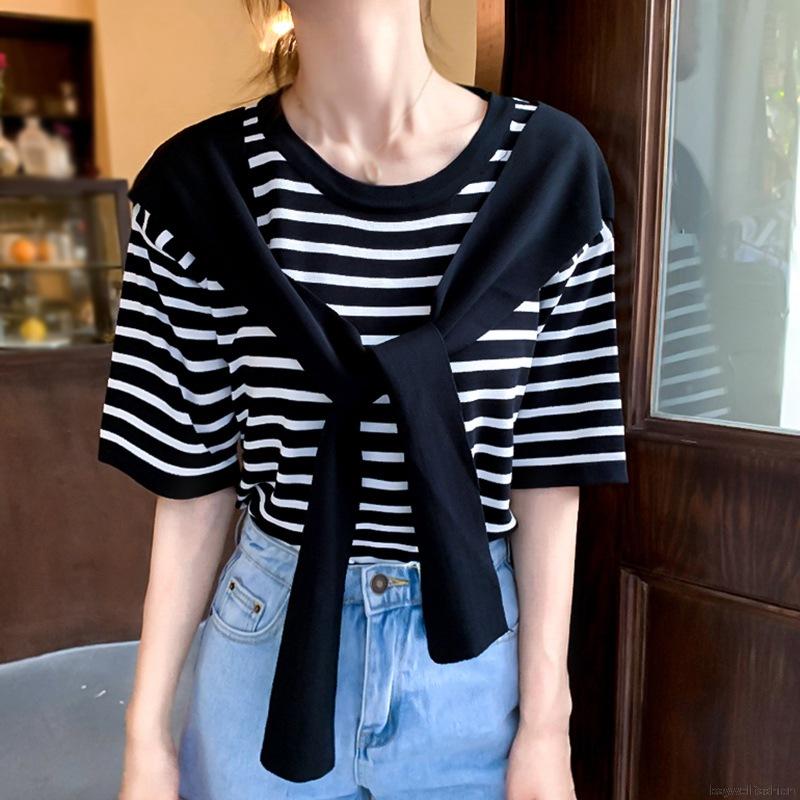 Áo thun tay ngắn giả hai lớp họa tiết kẻ sọc thời trang dành cho nữ Baywellfashion
