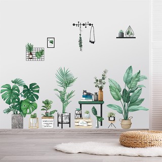 decal dán tường chậu cây xanh