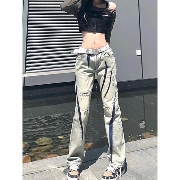 Quần jeans ống đứng unisex phối màu bụi bặm đường phố