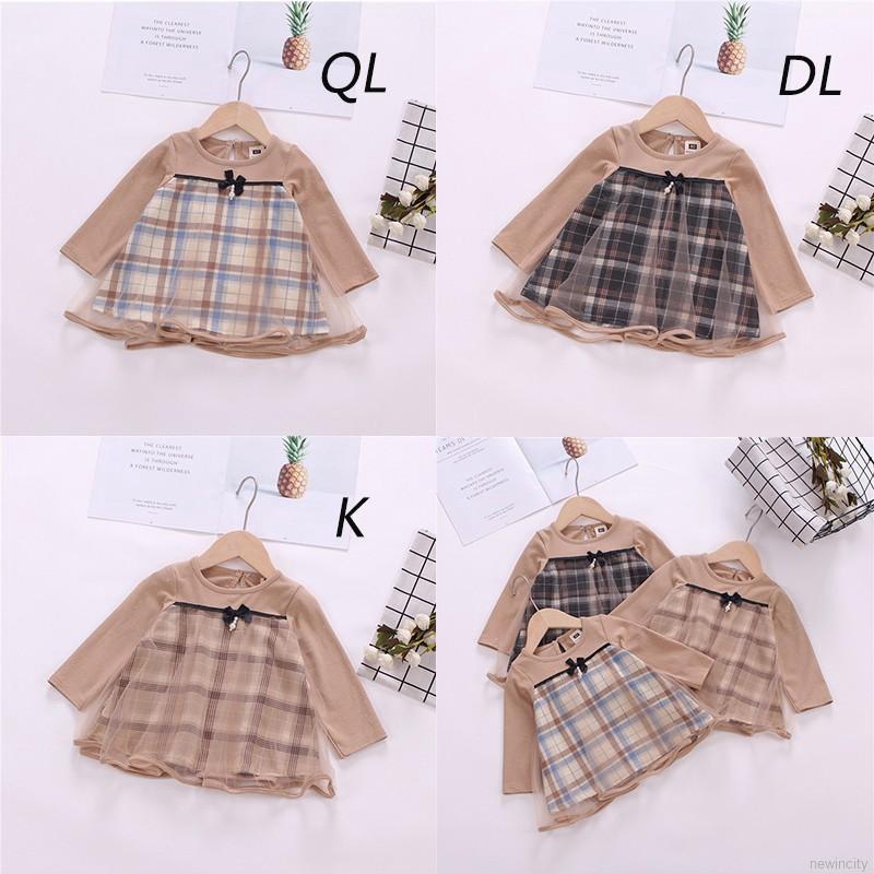 Váy thời trang tay dài họa tiết sọc ca rô đáng yêu cho bé gái