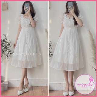 Đầm nữ trắng dáng xòe cổ vuông tay bồng cộc tay 2 lớp VH064, mẫu váy dự tiệc kiểu dáng điệu đà nữ tính