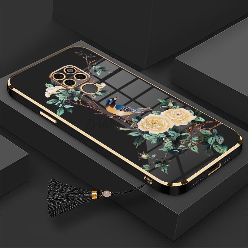 Ốp Điện Thoại Silicon Mềm Mạ Điện Họa Tiết Hoa Và Chim Kèm Dây Đeo Cho Redmi note 9 note 9s note 9 pro