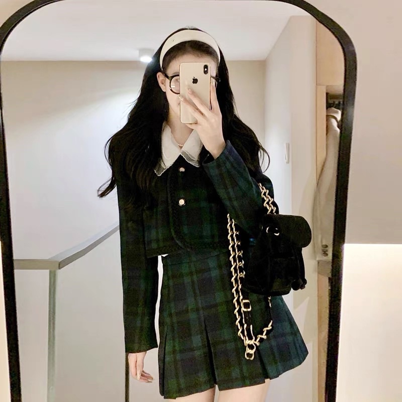 Set Áo khoác dạ+chân váy xếp li+ Áo sơmi
