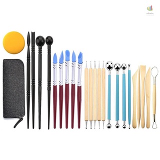 ♕S Bộ dụng cụ đất sét 25 mảnh có hộp đựng bút chì Bộ dụng cụ gốm bằng nhựa đất sét Miếng bọt biển