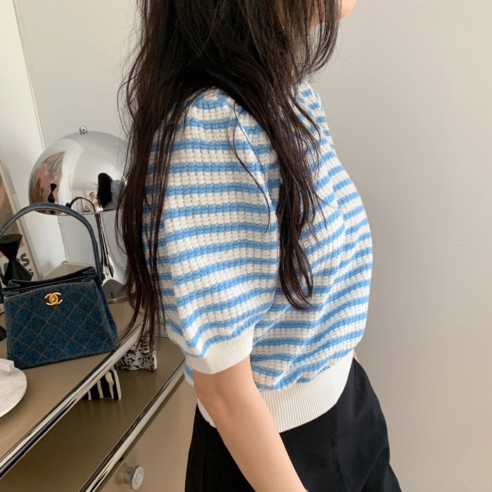 Áo thun ZHELIHANGFEI vải dệt kim tay ngắn phồng kẻ sọc màu cầu vồng dễ thương