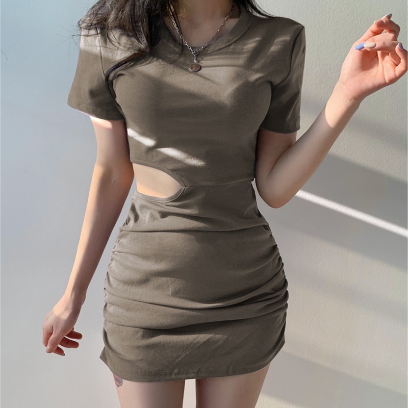 (ORDER- Sẵn S) Váy thun khoét hở eo dáng A-line ôm body nhăn nhún gợi cảm cá tính sang trọng (HÀNG_ORDER)