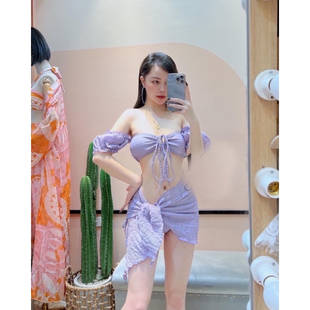 [Hàng có sẵn full màu hình thật chụp  sàn] Bikini Set 3 món tay bồng trễ vai phối khoen áo