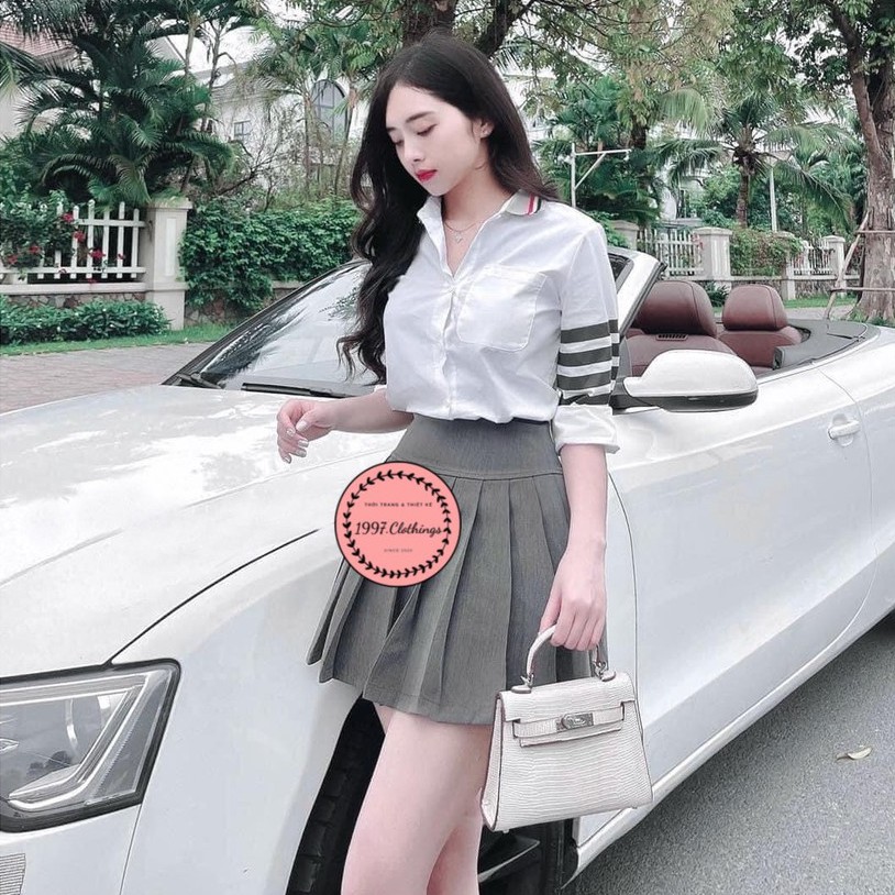 Áo sơ mi nữ Thom Browne cổ Polo đức chất lụa thô phối tay sọc Mẫu mới 2021 | BigBuy360 - bigbuy360.vn