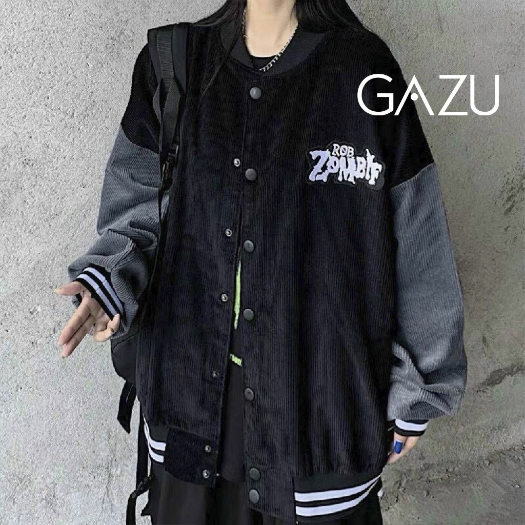 Áo khoác nữ bomber nhung tăm RobZombie varsity jacket unisex nam nữ form rộng GAZU -069 | BigBuy360 - bigbuy360.vn