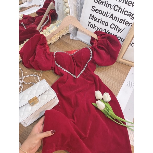 💥CÓ SẴN💥 Đầm nhung đỏ đi tiệc đính đá trái tim sang chảnh ♥️ẢNH THẬT♥️