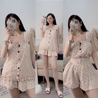 S337 Set Hoa Nhí Áo Cánh Tiên Cổ Vuông Phối Bèo Và Chân Váy Xoè Đính Ren Sang Trọng