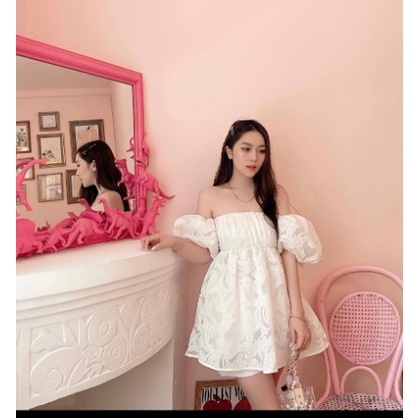 Sét Đầm Trễ Vai Họa Tiết 3D Phong Cách Nhẹ Nhàng Kèm Quần