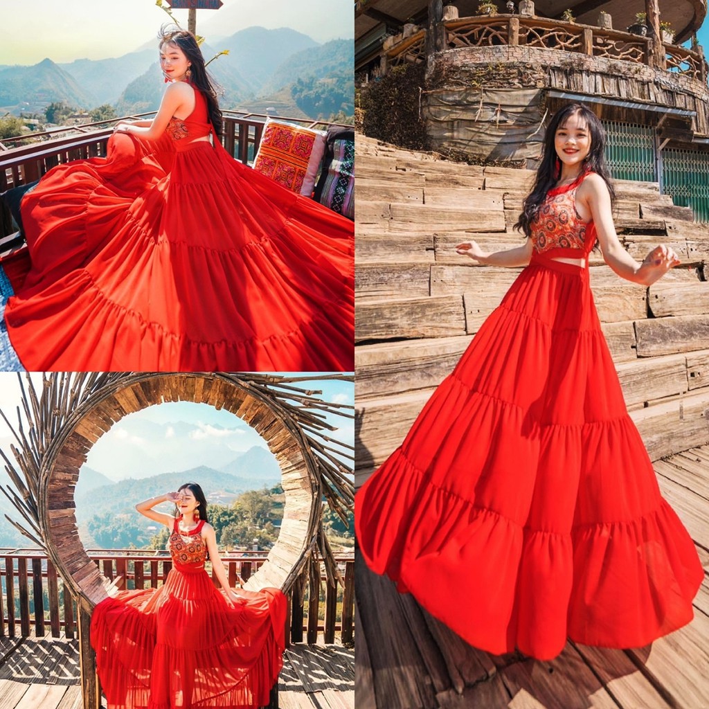 Đầm Maxi đỏ họa tiết thổ cẩm