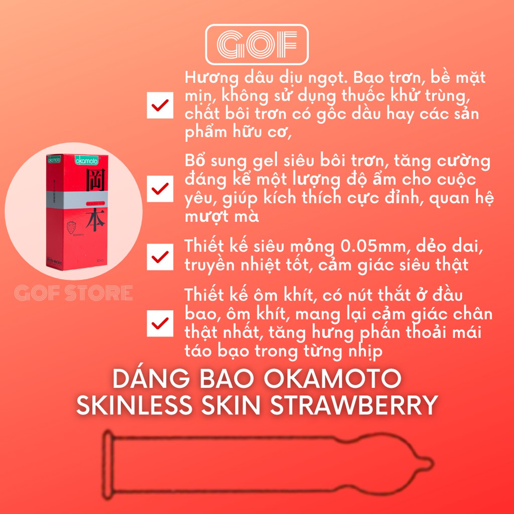Bao cao su Okamoto hương dâu Skinless Skin Strawberry Hộp 10 cái bcs - Chính Hãng - GoF Store